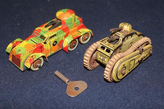 An early tin wind up armoured tank and a tank